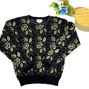 Vintage 80s 90s Koret Metallic Gold Rose Floral Printed Knitted Sweater Medium